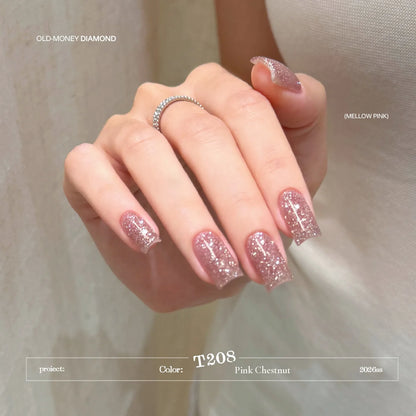 T208 Pink Chestnut flash diamond gel on short square nails