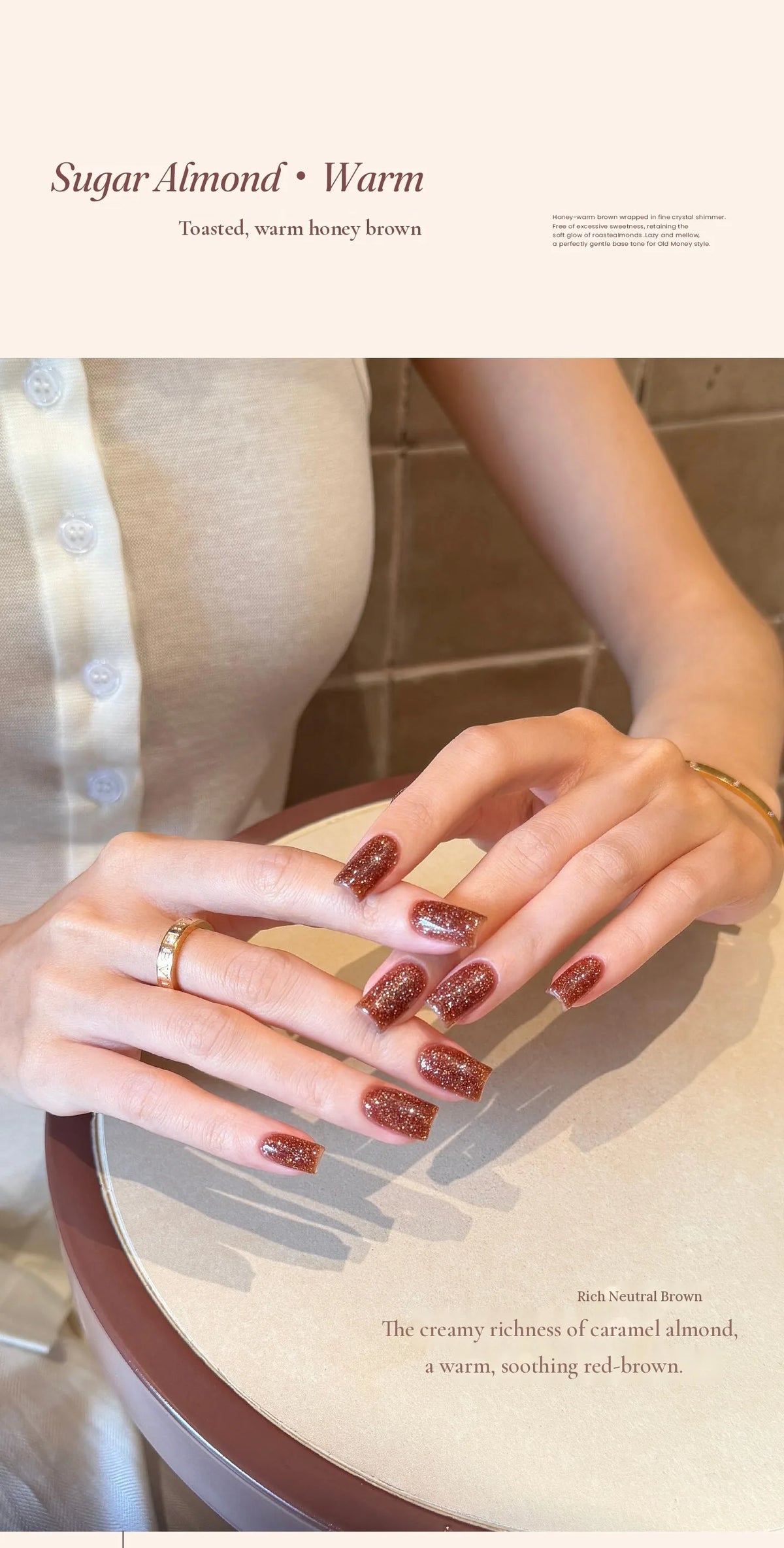 T210 Sugar Almond, a toasted warm honey brown glitter