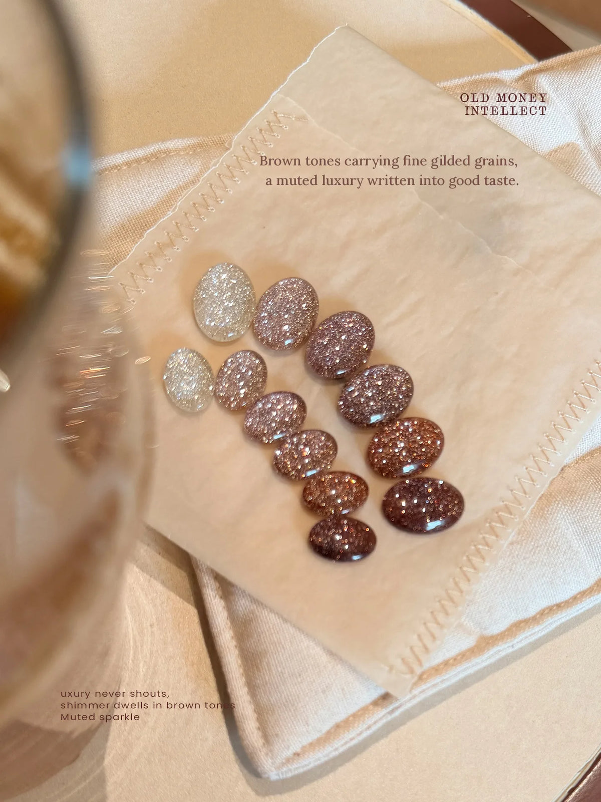 Glitter swatches from white to deep brown on linen