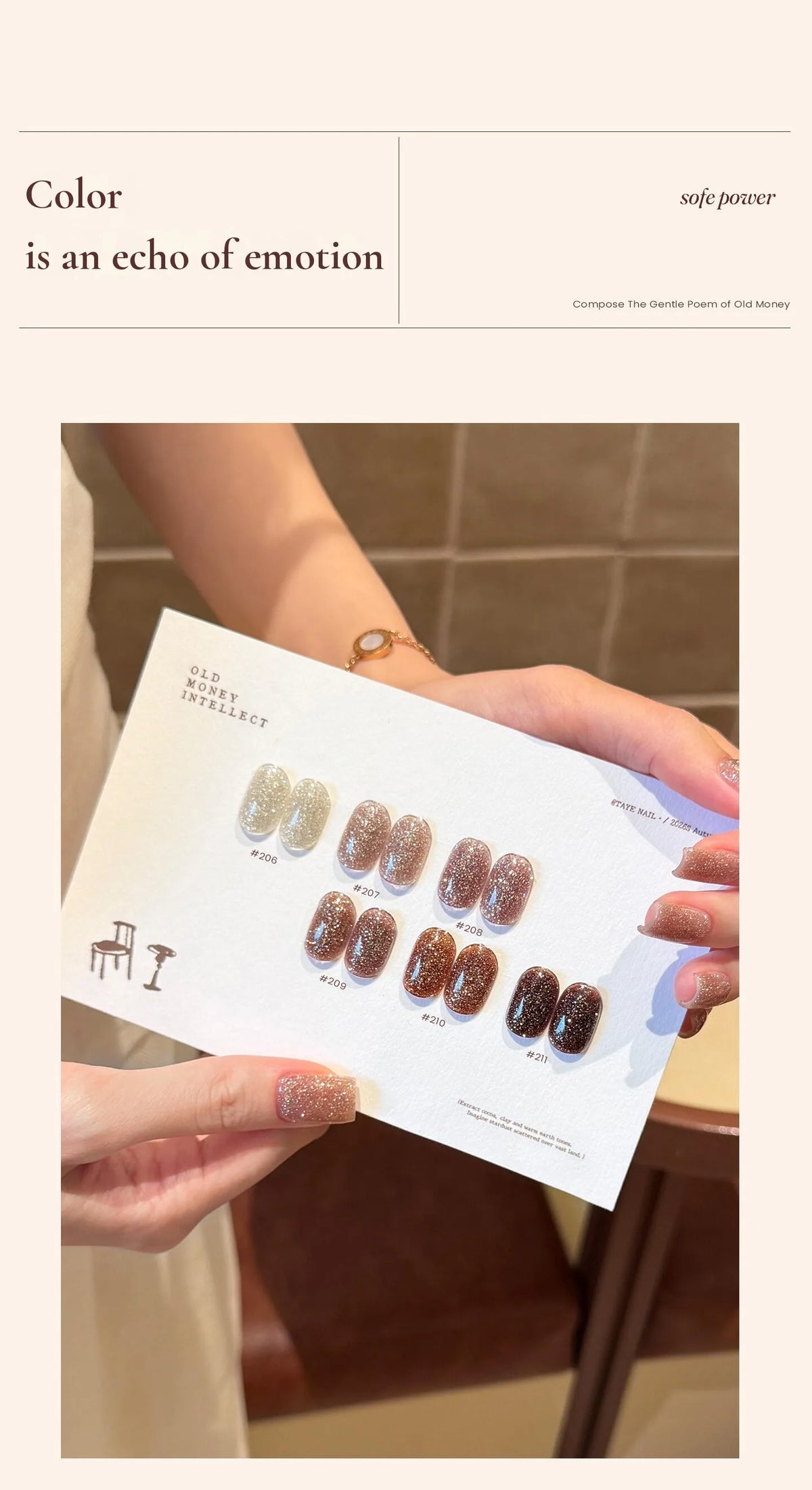 Swatch card of the six shades held in hand