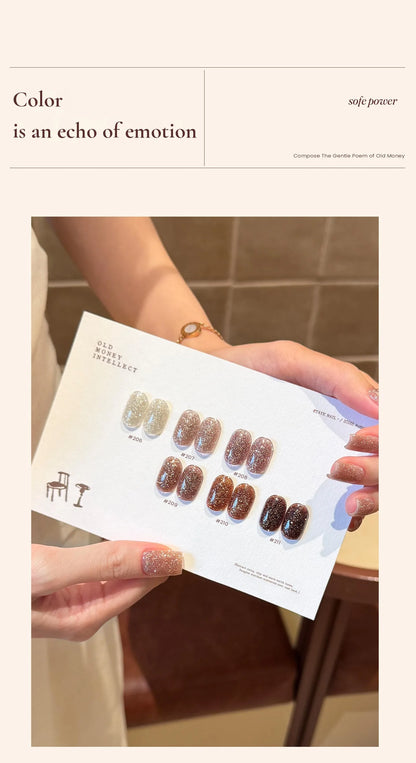 Swatch card of the six shades held in hand