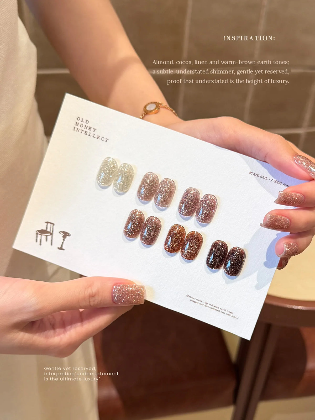 Swatch card of the six old-money glitter shades