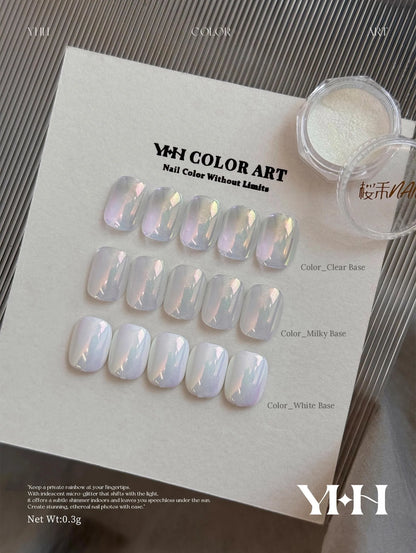 Swatch card: rainbow powder over clear, milky and white bases