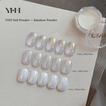 YHH Rainbow Chrome Powder on swatch tips over clear, milky and white bases, labelled