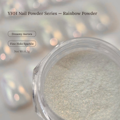 Open 0.3 g jar of YHH Rainbow Powder: dreamy aurora with fine holo sparkle