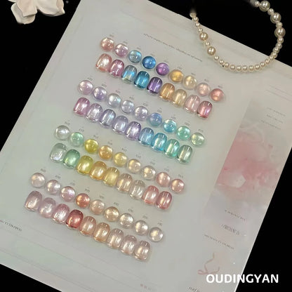 Starlit Glass swatch board, pastel pinks, yellows, greens, blues and purples
