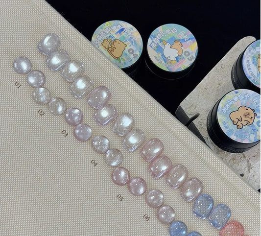 Sweet & Cute cat eye swatch tips 01-08 with capybara-lid jars