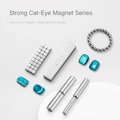 TAYE cat-eye magnet range: bars, cylinders, cubes and steel balls with cat-eye nails