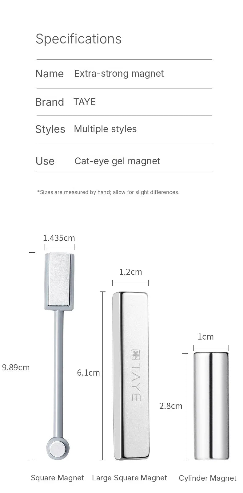 Specifications and sizes: square, large square and cylinder magnets
