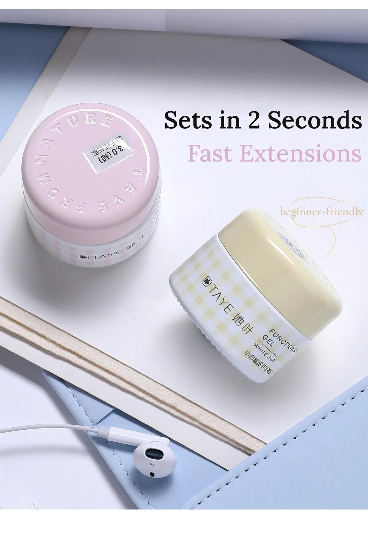 TAYE 3.0 extension gel jars: surface sets in 2 seconds, beginner-friendly