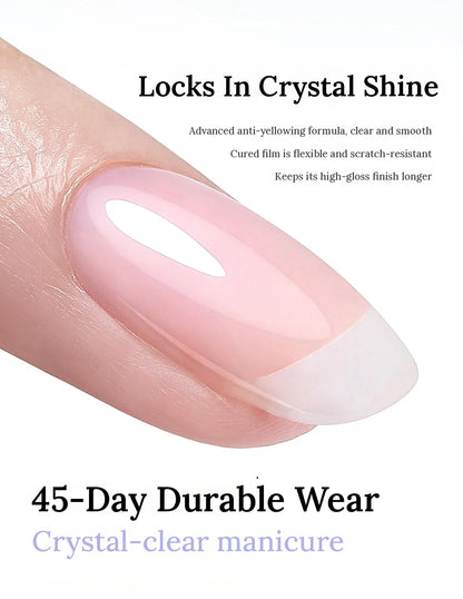 High-gloss sheer pink nail finished with TAYE diamond shine top coat