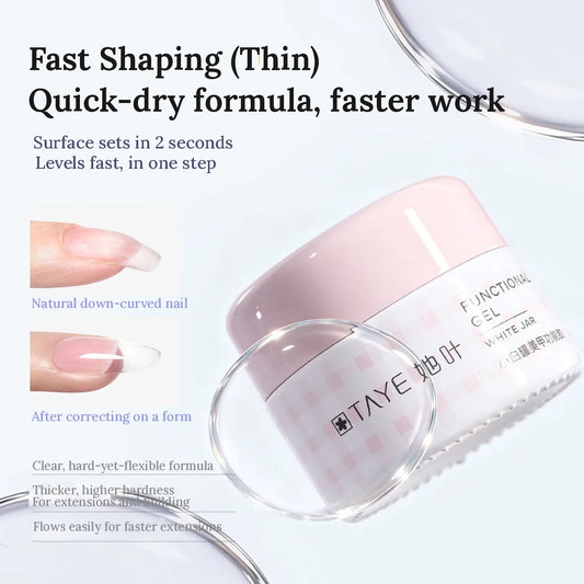 TAYE Function Gel 3.0 012 Quick-Dry Extension Gel Thin, pink jar, down-curved nail corrected on a form