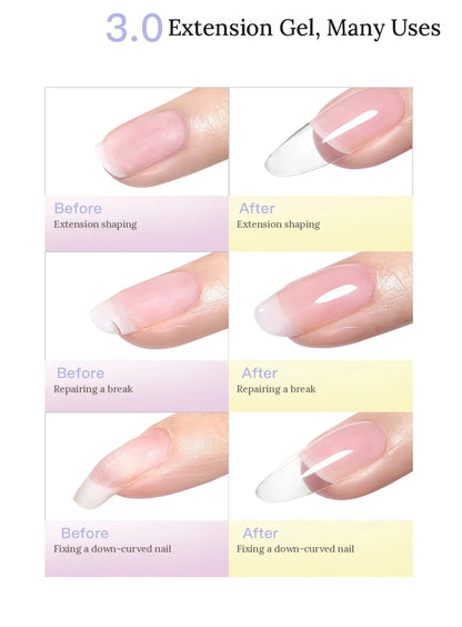 Before and after: extension shaping, repairing a break, fixing a down-curved nail