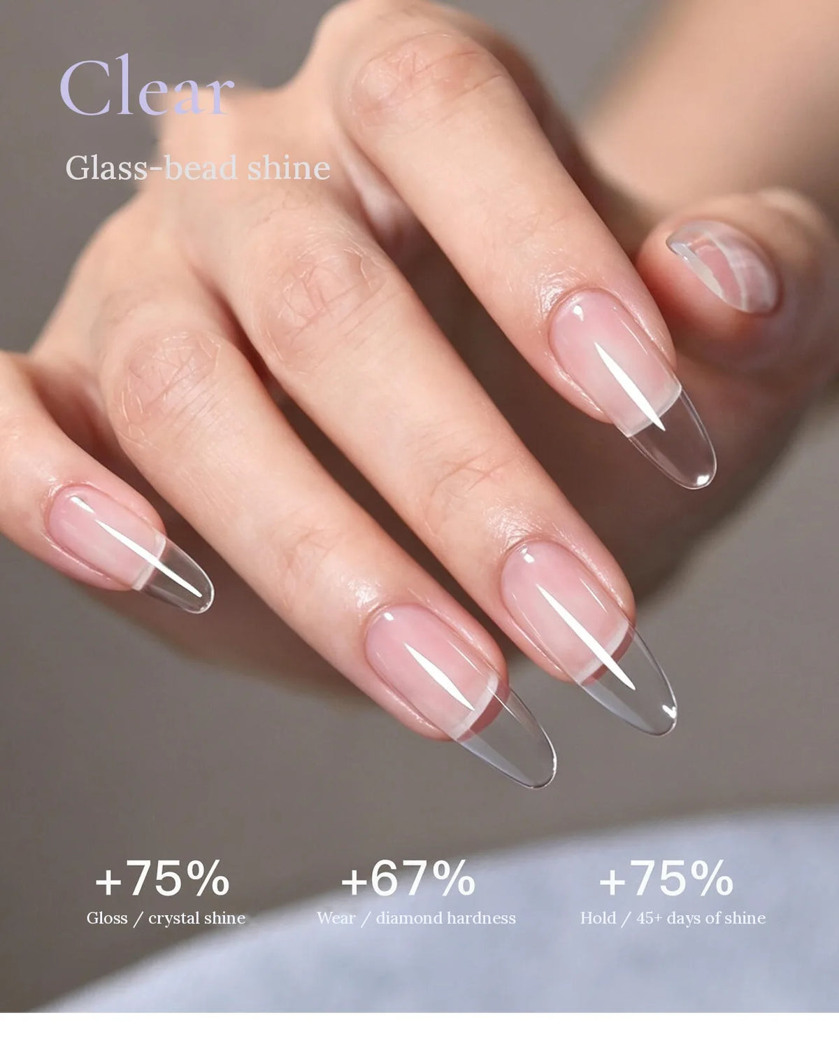 Hand with clear glass-like almond extensions