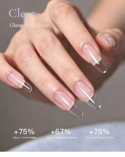 Hand with clear glass-like almond extensions