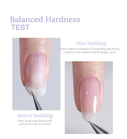 Thin natural nail before and after building with TAYE builder base