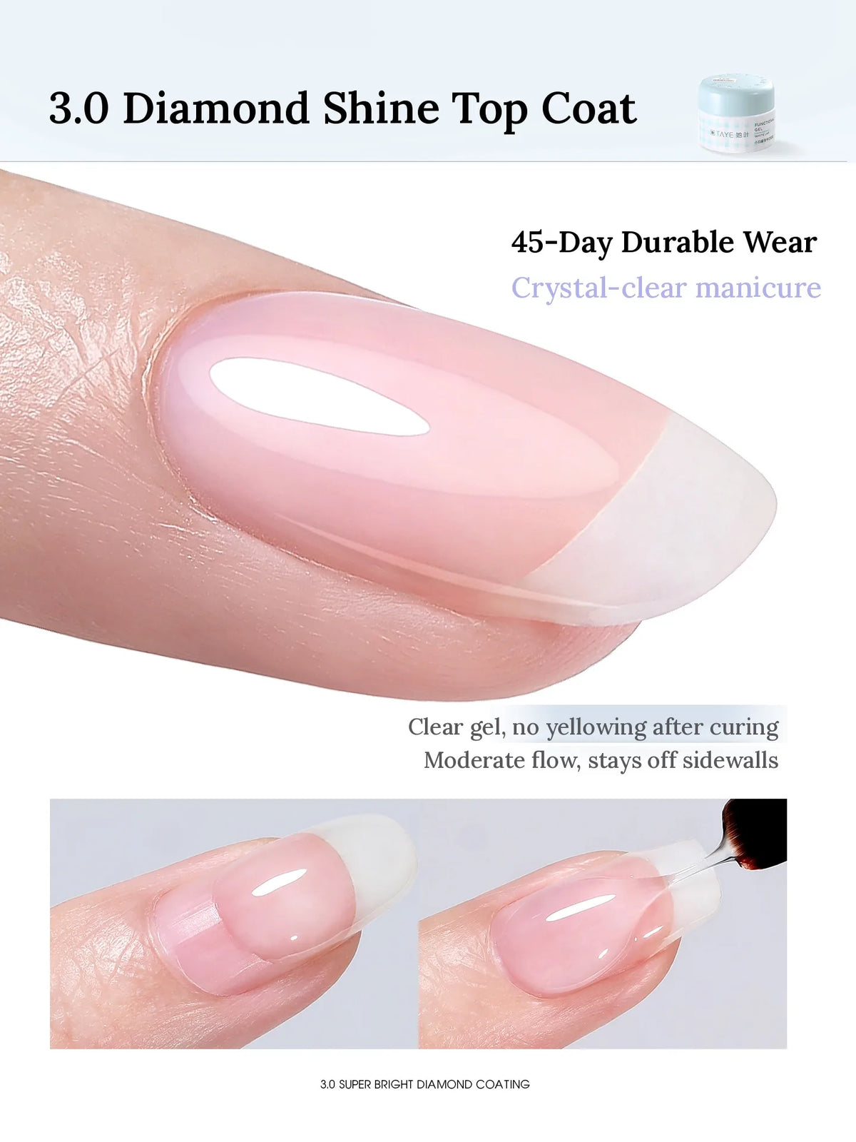 TAYE 3.0 Diamond Shine Top Coat on a sheer pink nail