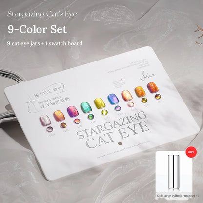 TAYE Stargazing (Chasing Light) cat eye gel 9-color set with pre-painted swatch board and free magnet