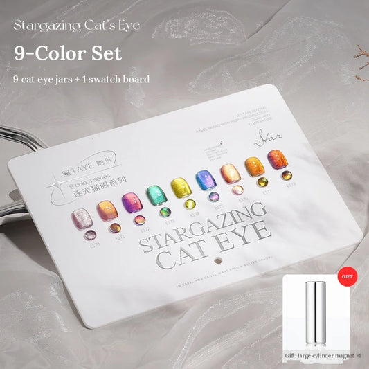 TAYE Stargazing (Chasing Light) cat eye gel 9-color set with pre-painted swatch board and free magnet
