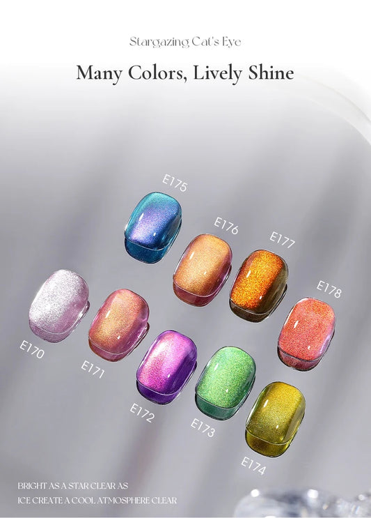 TAYE Stargazing (Chasing Light) cat eye gel tips labeled E170 to E178