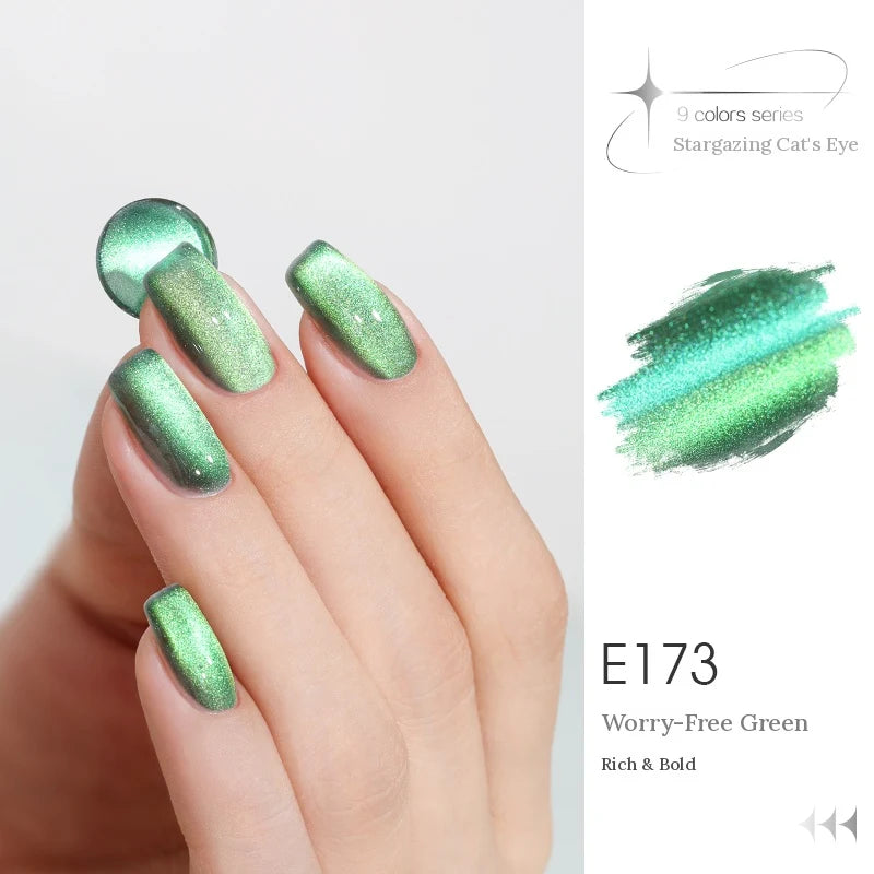 TAYE Stargazing (Chasing Light) cat eye gel E173 Worry-Free Green, manicure and swatch