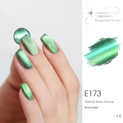 TAYE Stargazing (Chasing Light) cat eye gel E173 Worry-Free Green, manicure and swatch