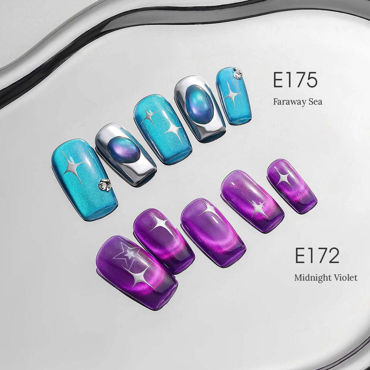 TAYE Stargazing (Chasing Light) cat eye gel nail art in E175 Faraway Sea and E172 Midnight Violet