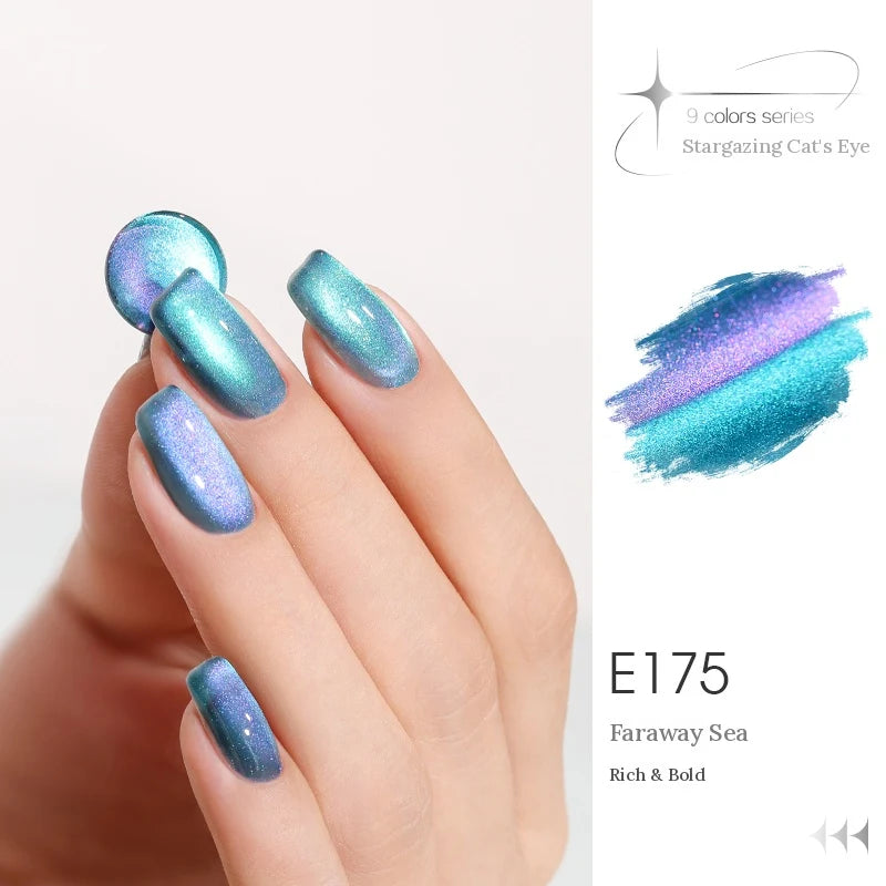 TAYE Stargazing (Chasing Light) cat eye gel E175 Faraway Sea, manicure and swatch