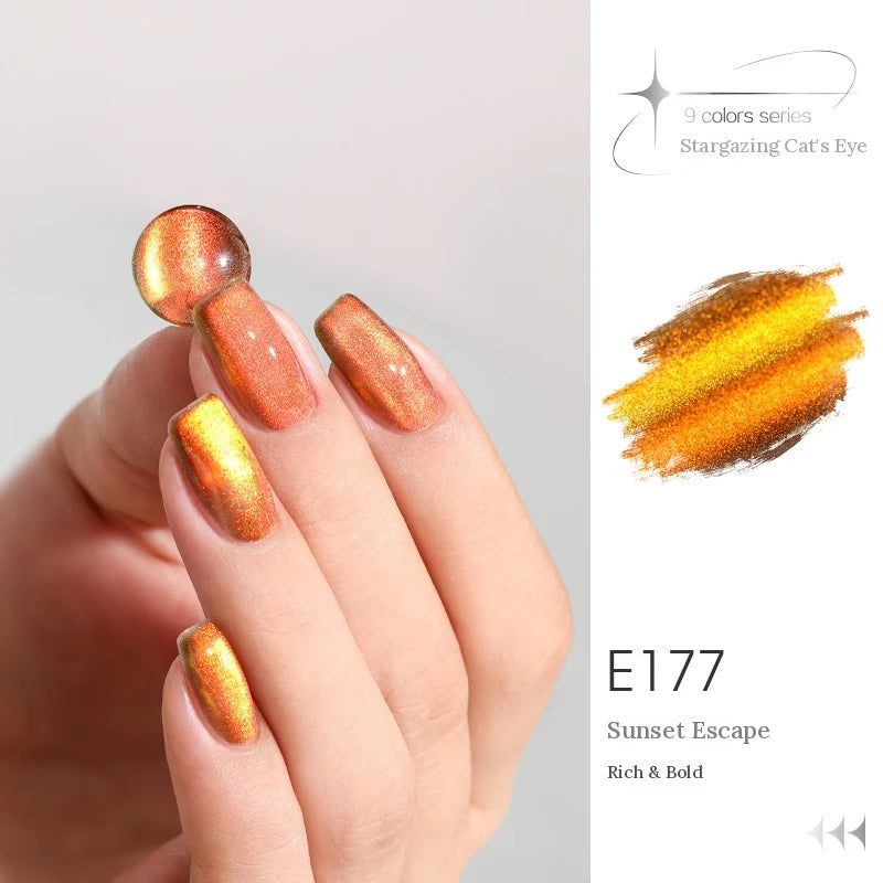TAYE Stargazing (Chasing Light) cat eye gel E177 Sunset Escape, manicure and swatch