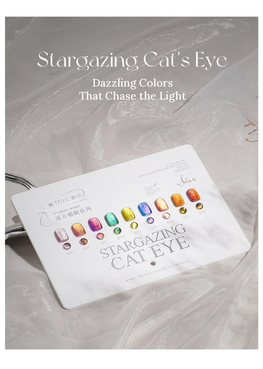 TAYE Stargazing (Chasing Light) cat eye gel pre-painted swatch board for the 9-color set