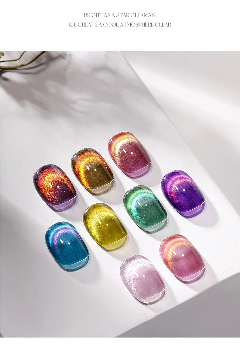 TAYE Stargazing (Chasing Light) cat eye gel swatch tips on a tray