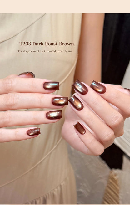 T203 Dark Roast Brown cat eye nails, the color of dark-roasted coffee beans