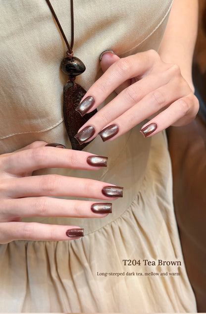 T204 Tea Brown cat eye nails, deep brown like long-steeped tea