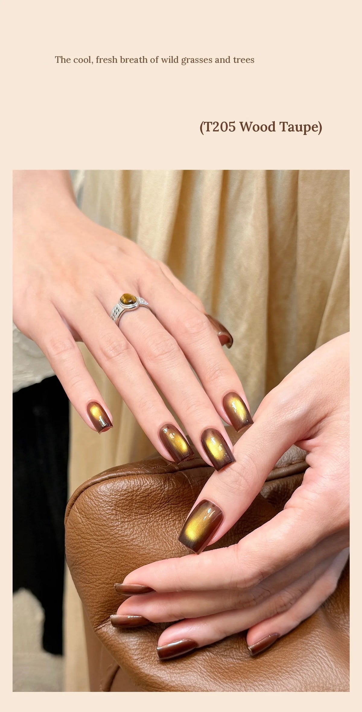 T205 Wood Taupe golden cat eye nails on a leather bag