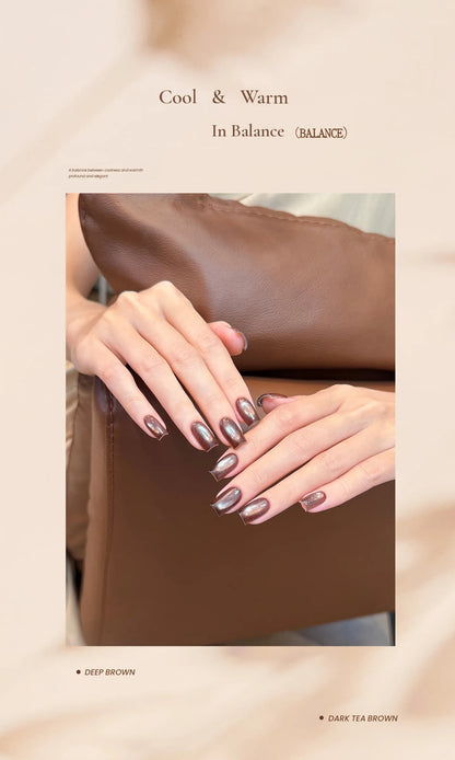 Cool and warm in balance: deep brown cat eye nails on leather