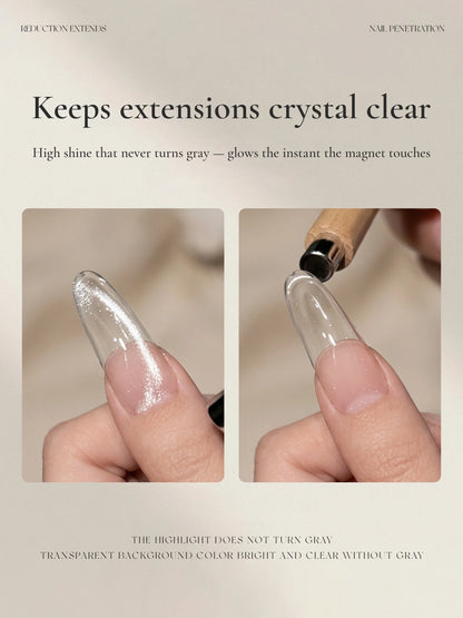Watery Cat Eye keeps clear extensions bright, before and after the magnet