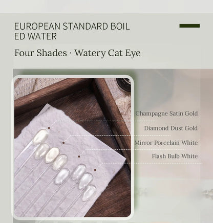 Watery Cat Eye shade tips: Champagne Satin Gold, Diamond Dust Gold, Mirror Porcelain White, Flash Bulb White