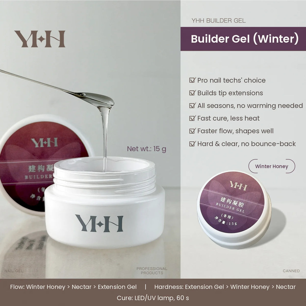 YHH Winter Honey builder gel, 15 g jar: pro choice, extends on tips, no warming needed
