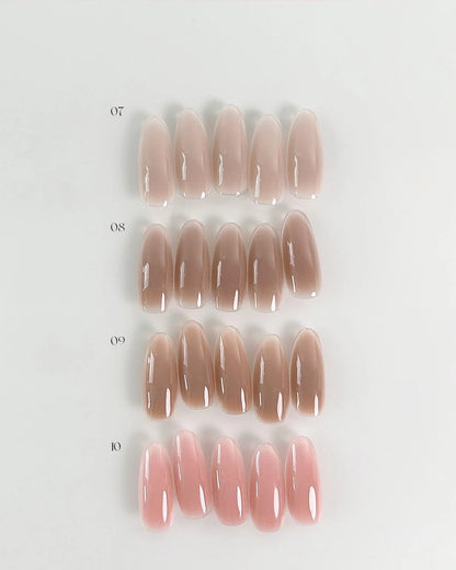 YHH Aqua Glow shades 07, 08, 09 and 10 swatched on almond tips