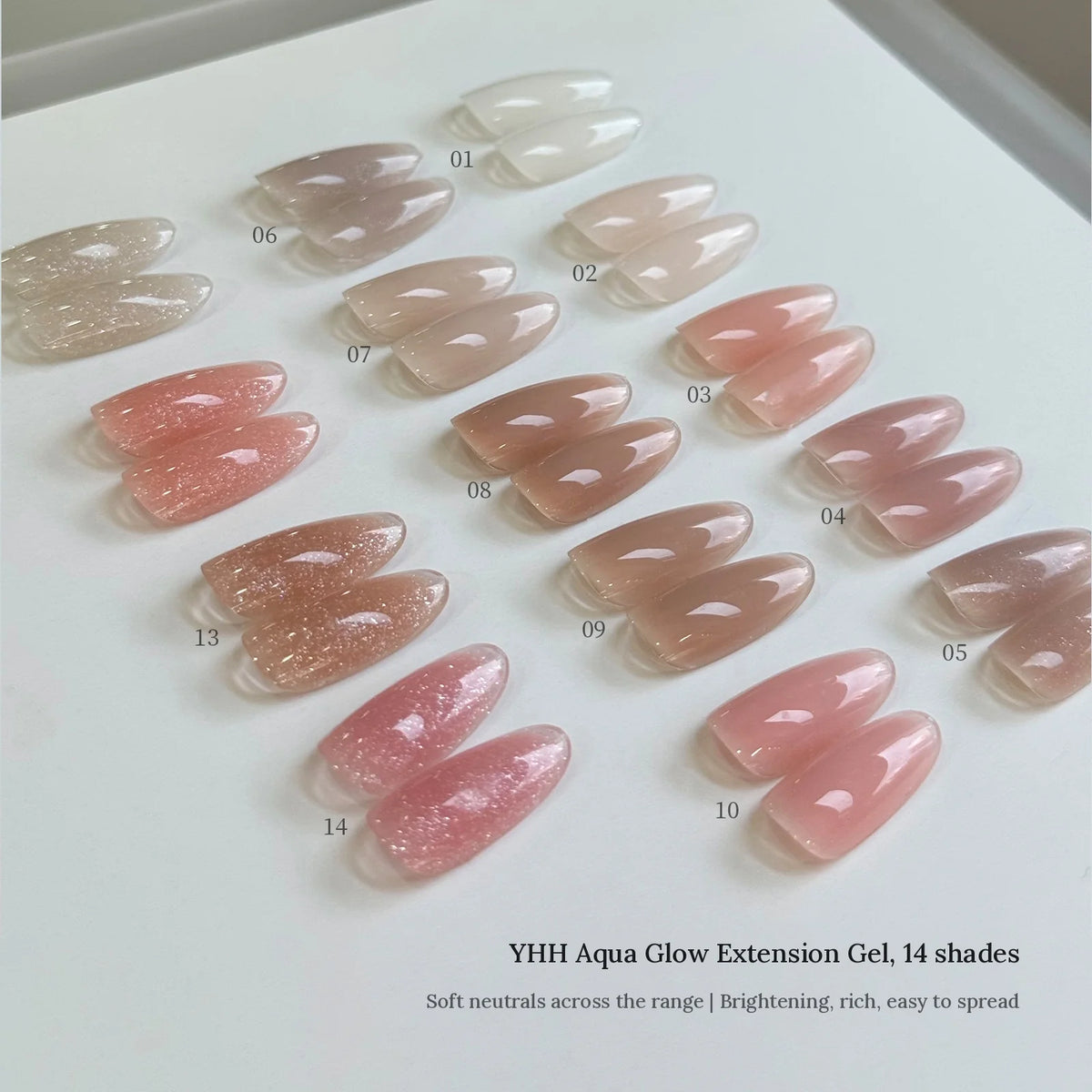 YHH Aqua Glow Extension Gel swatches of all 14 shades on almond tips