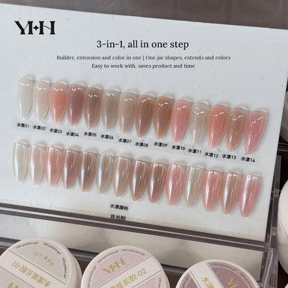 YHH Aqua Glow Extension Gel 14-shade swatch board with 15 g jars