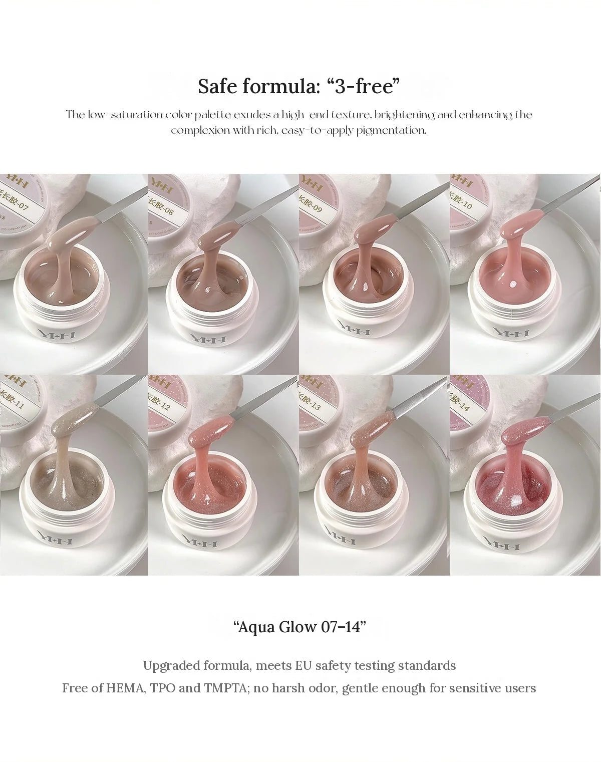 YHH Aqua Glow shades 07 to 14 in jars, upgraded 3-free formula