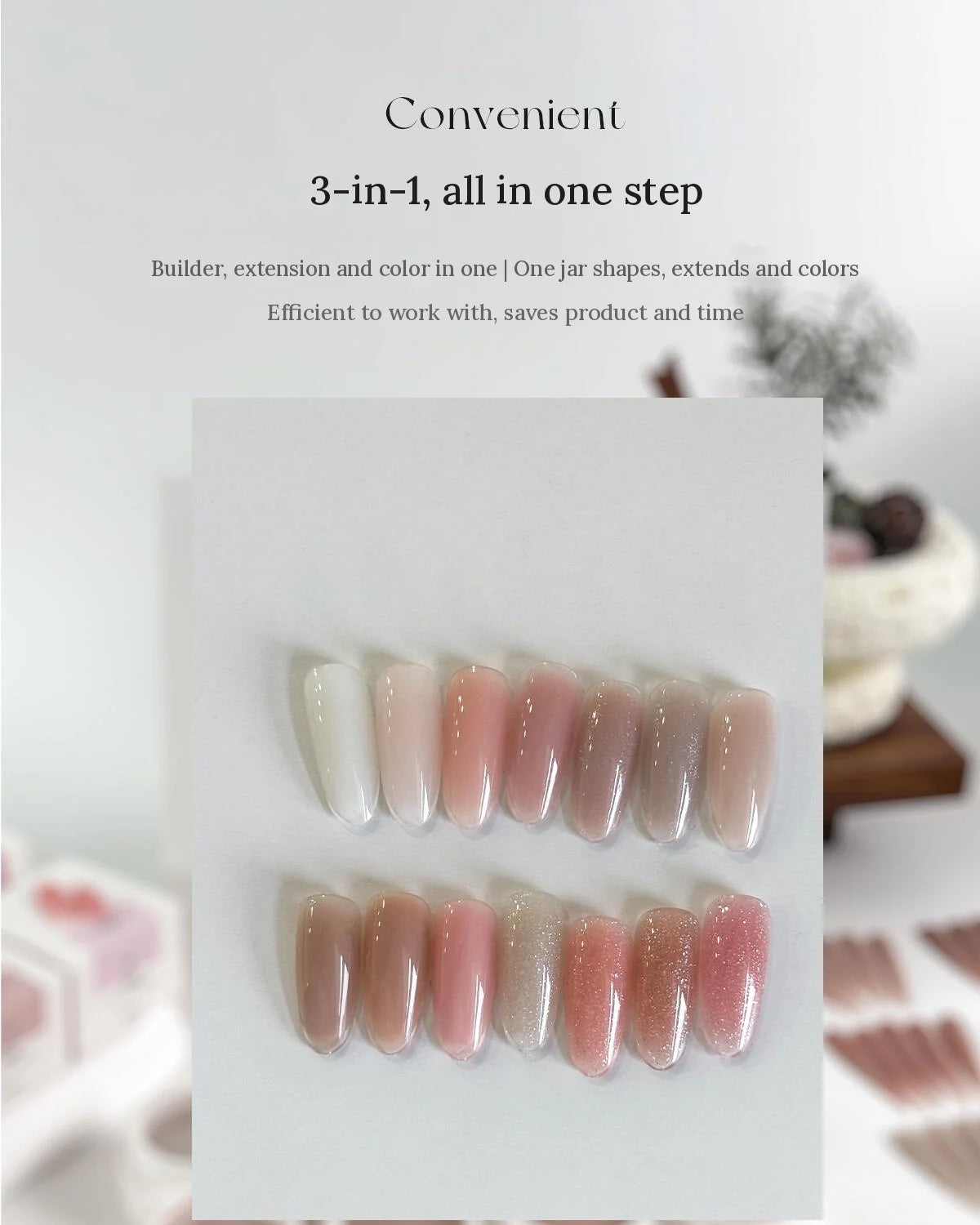 YHH Aqua Glow 3-in-1 extension, builder and color gel swatches
