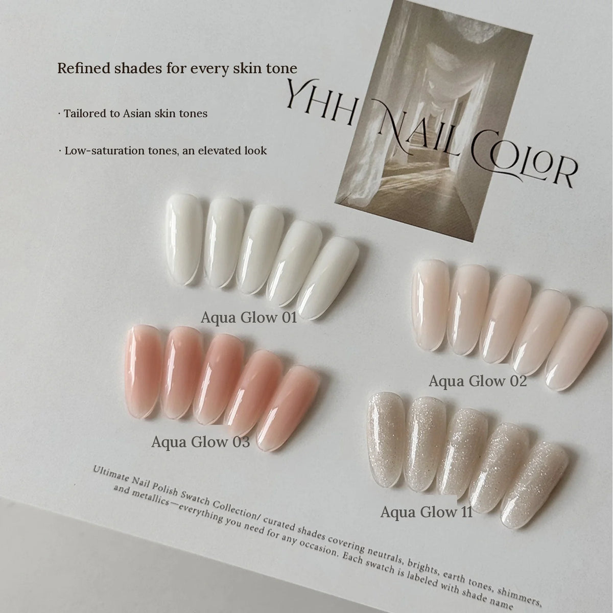 YHH Aqua Glow 01, 02, 03 and 11 swatched on almond tips