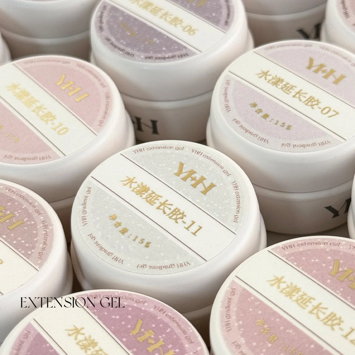 Stack of YHH Aqua Glow Extension Gel 15 g jars