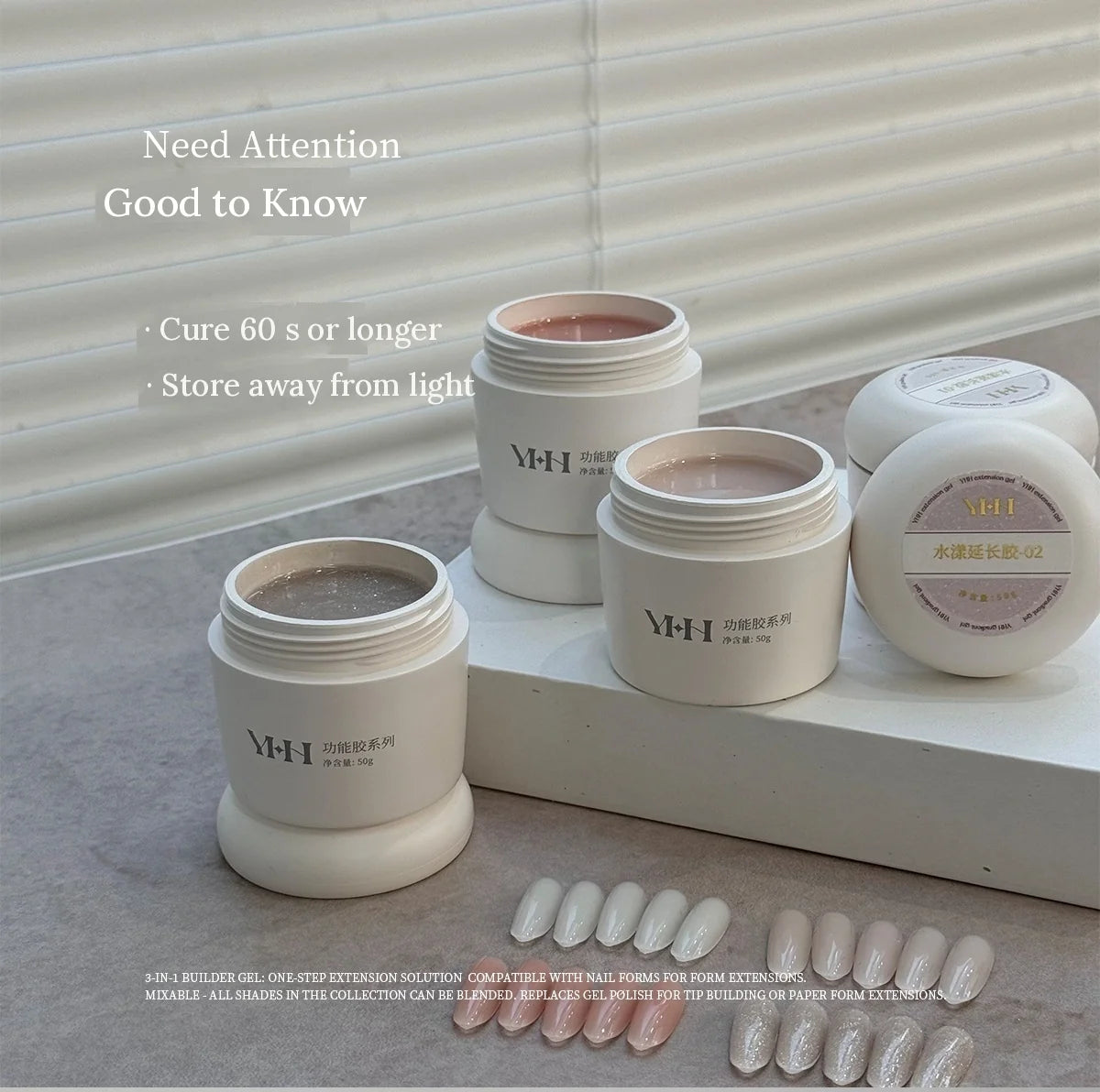 YHH Aqua Glow Extension Gel jars: cure 60 seconds or longer, store away from light