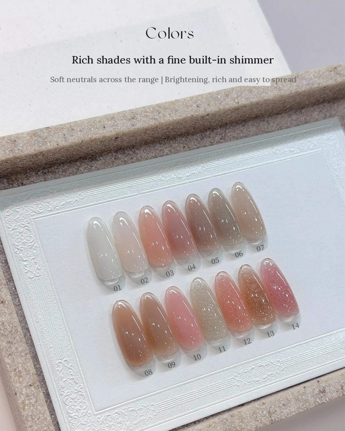 YHH Aqua Glow shades 01 to 14 with fine shimmer, swatched on tips