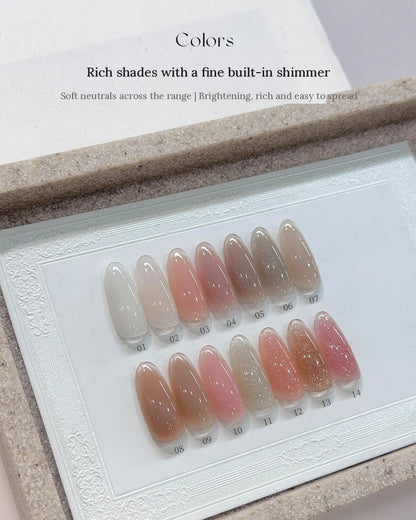 YHH Aqua Glow shades 01 to 14 with fine shimmer, swatched on tips