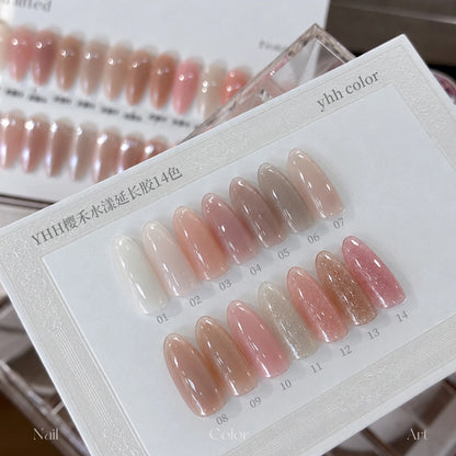 YHH Aqua Glow Extension Gel 14-color swatch card, shades 01 to 14