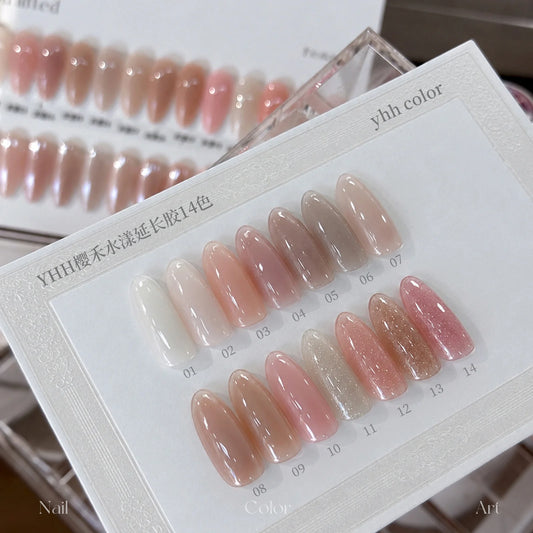 YHH Aqua Glow Extension Gel 14-color swatch card, shades 01 to 14